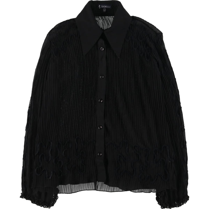 CACHELLI Ruffled Pleated Tape Embroidery Long Sleeve See-Through Shirt Made in USA Women's Size L polyester black type Vintage Second Hand