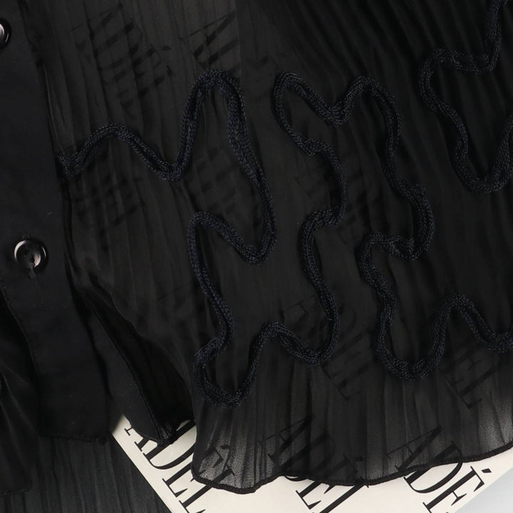 CACHELLI Ruffled Pleated Tape Embroidery Long Sleeve See-Through Shirt Made in USA Women's Size L polyester black type Vintage Second Hand