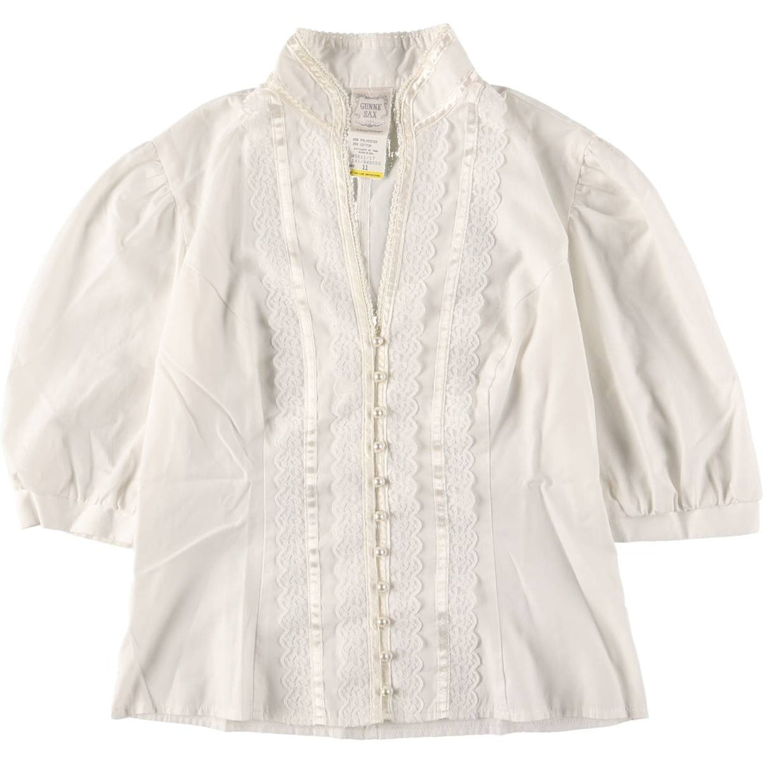 Vintage 1970'S Gunne Sax stand-collar, ruffled, three-quarter sleeve blouse, made in the USA, size S, women's. polyester white type Vintage Second Hand