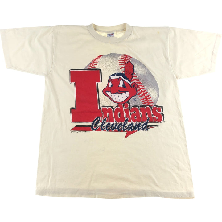90'S TRUE-FAN Cleveland Indians Sports Print T-Shirt Made in USA Men's L Size Vintage cotton pale white type Vintage Second Hand