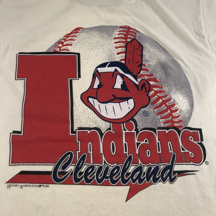 90'S TRUE-FAN Cleveland Indians Sports Print T-Shirt Made in USA Men's L Size Vintage cotton pale white type Vintage Second Hand