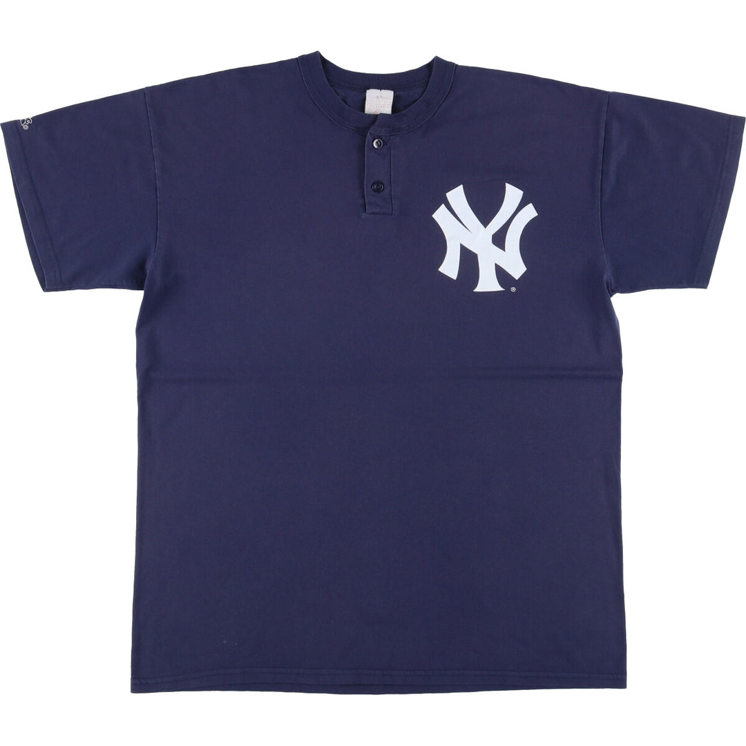90s-00'S Majestic New York Yankees Henley neck sports print T-shirt men's XL size vintage cotton navy blue type Vintage Second Hand