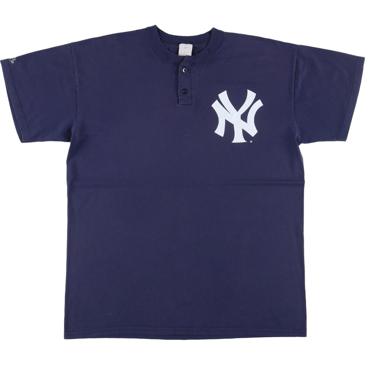 90s-00'S Majestic New York Yankees Henley neck sports print T-shirt men's XL size vintage cotton navy blue type Vintage Second Hand