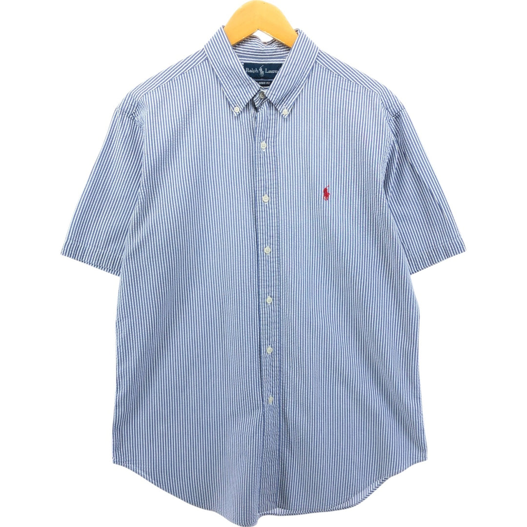 Ralph Lauren Classic Fit Seersucker Short Sleeve Button Down Striped Shirt Men's Size L cotton blue type Vintage Second Hand