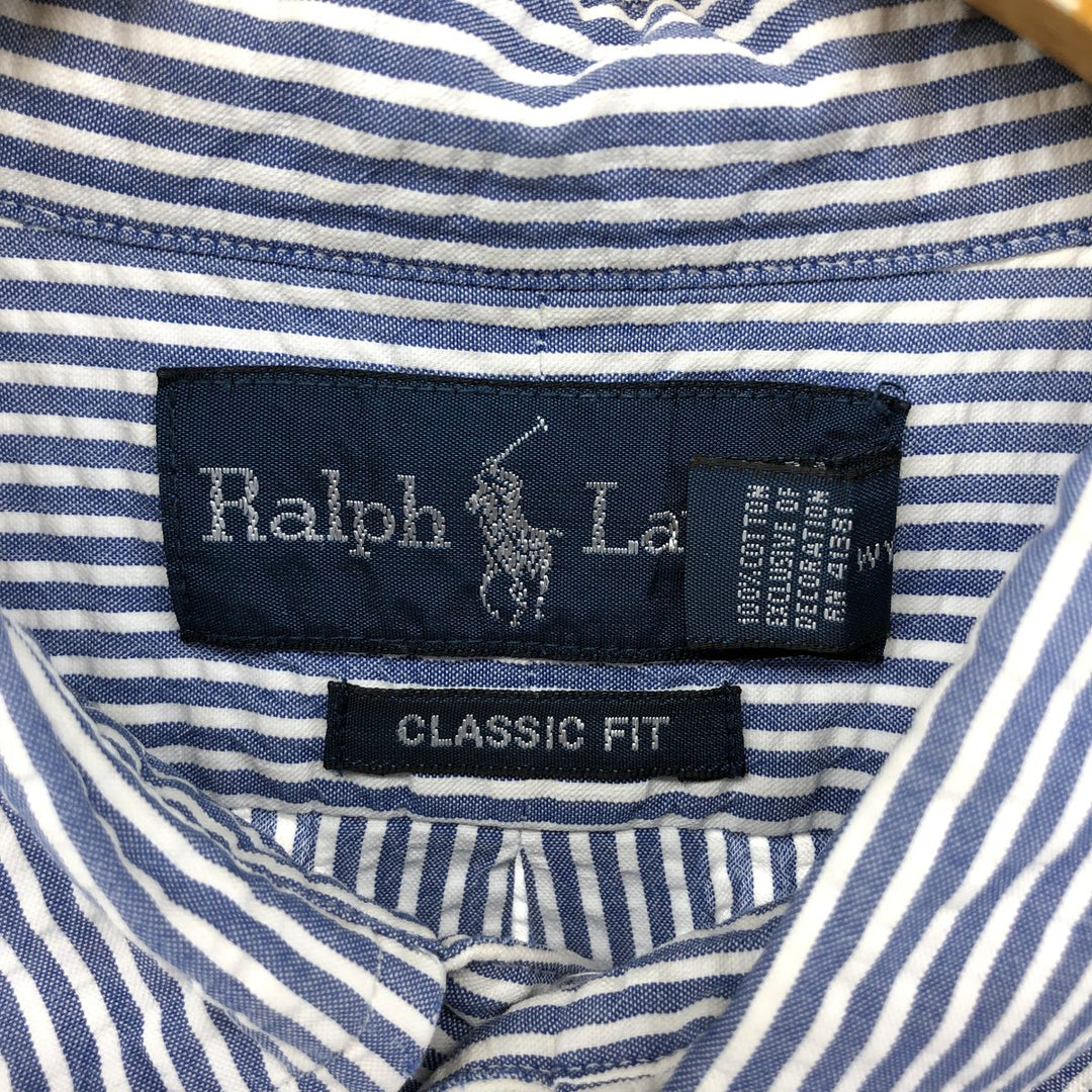 Ralph Lauren Classic Fit Seersucker Short Sleeve Button Down Striped Shirt Men's Size L cotton blue type Vintage Second Hand