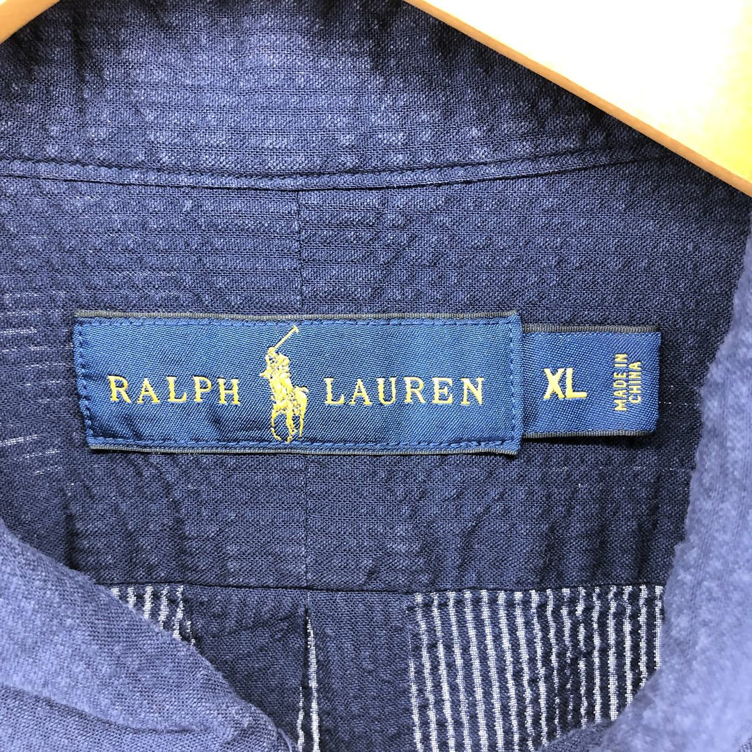 Ralph Lauren Seersucker Short Sleeve Button Down Shirt Men's XL cotton navy blue type Vintage Second Hand