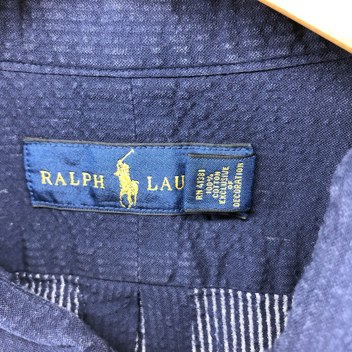 Ralph Lauren Seersucker Short Sleeve Button Down Shirt Men's XL cotton navy blue type Vintage Second Hand