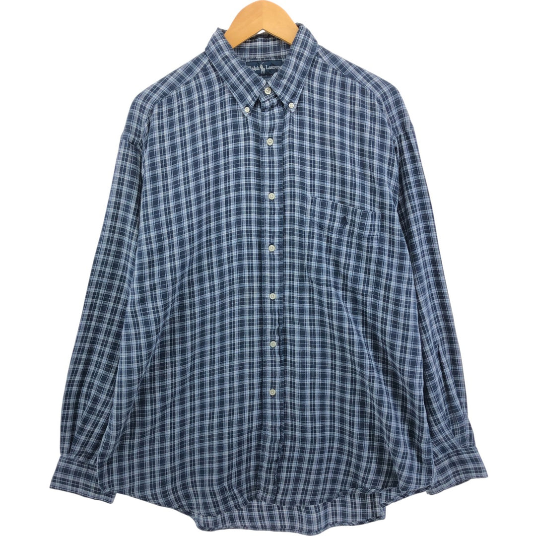 Ralph Lauren BIG SHIRT Long sleeve button down light flannel check shirt Men's XL size cotton navy blue type Vintage Second Hand
