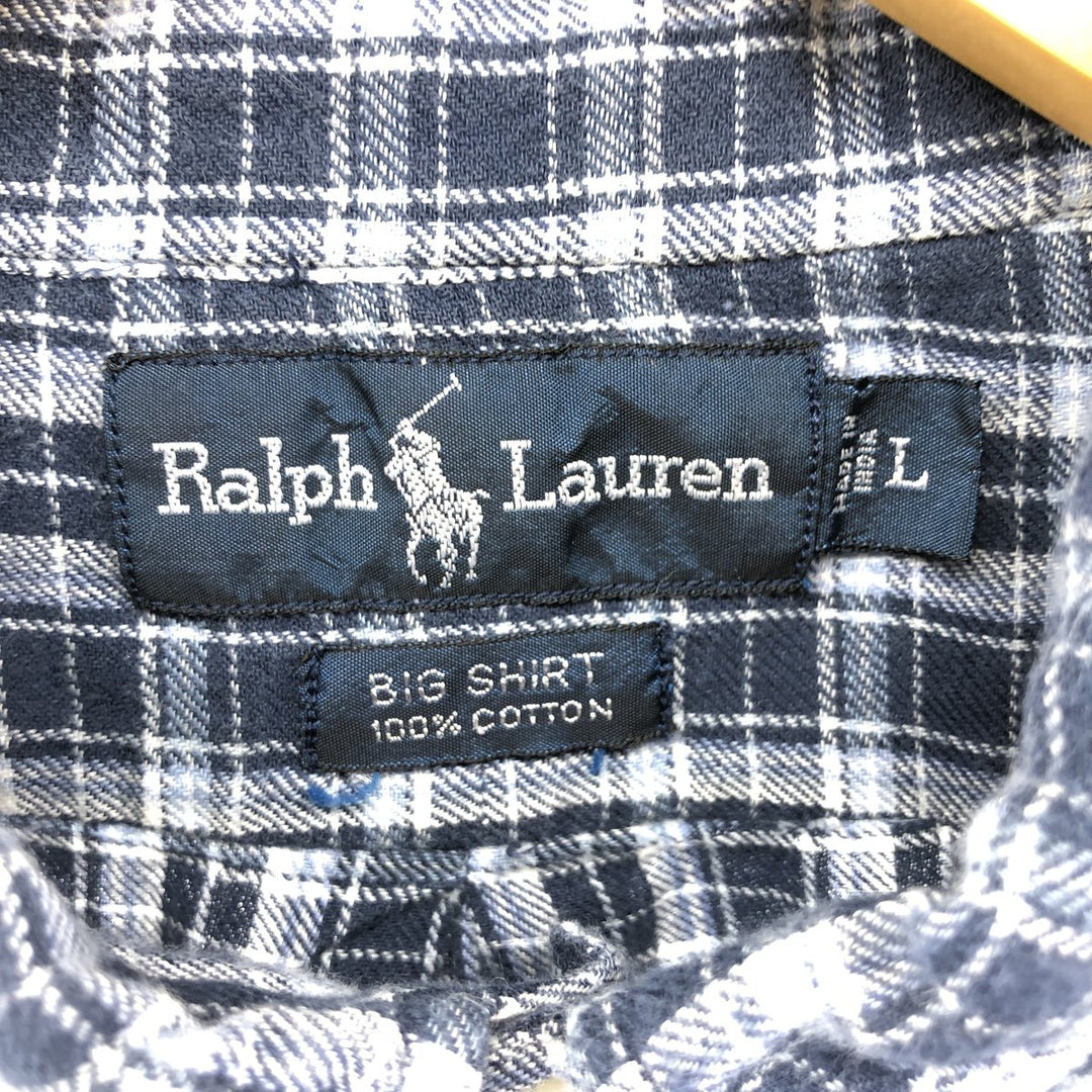 Ralph Lauren BIG SHIRT Long sleeve button down light flannel check shirt Men's XL size cotton navy blue type Vintage Second Hand