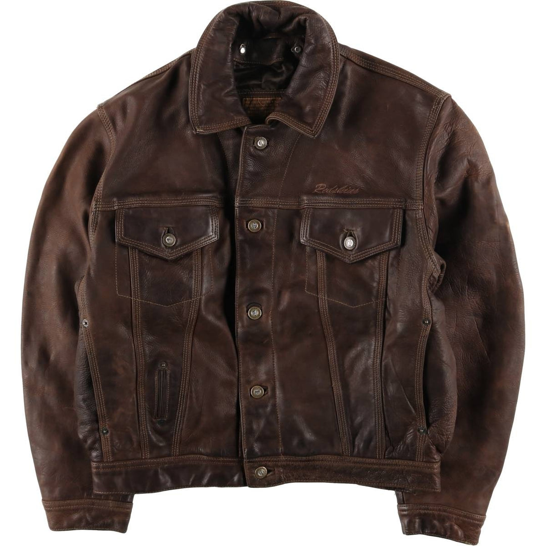 REDSKINS Padded Trucker Jacket, Leather Blouson Style, Men's Size L genuine leather brown type Vintage Second Hand