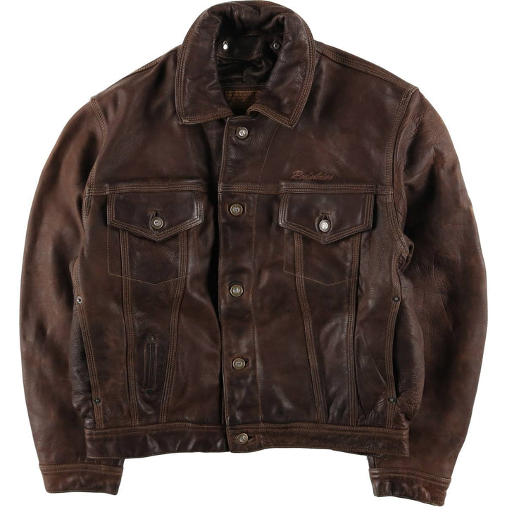 REDSKINS Padded Trucker Jacket, Leather Blouson Style, Men's Size L genuine leather brown type Vintage Second Hand