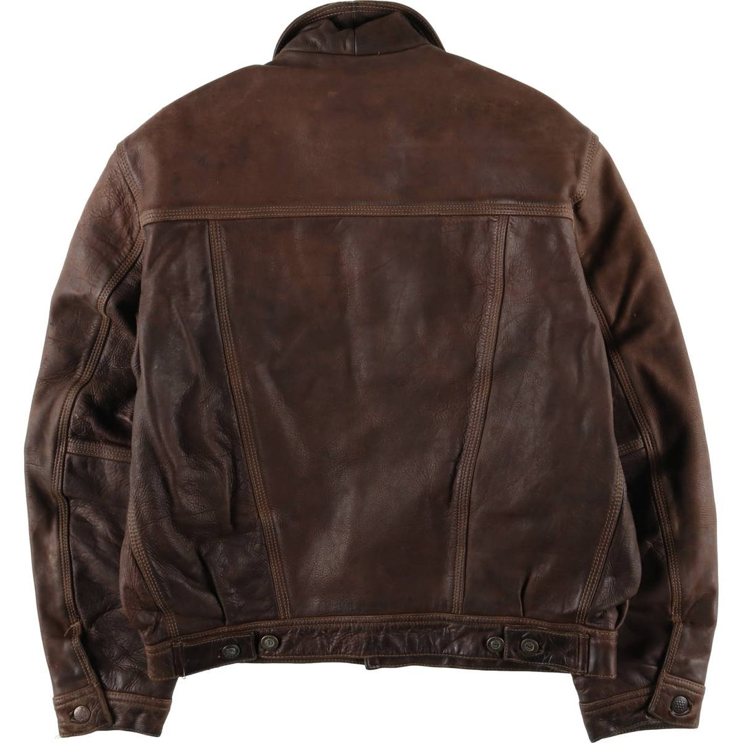 REDSKINS Padded Trucker Jacket, Leather Blouson Style, Men's Size L genuine leather brown type Vintage Second Hand