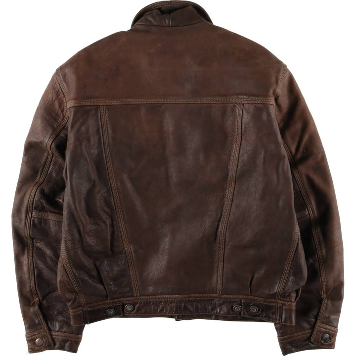 REDSKINS Padded Trucker Jacket, Leather Blouson Style, Men's Size L genuine leather brown type Vintage Second Hand