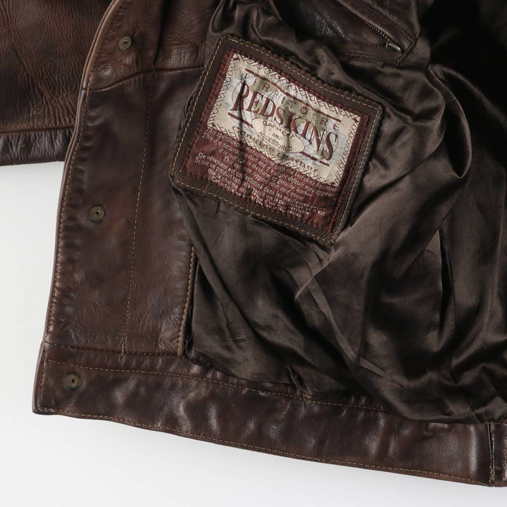 REDSKINS Padded Trucker Jacket, Leather Blouson Style, Men's Size L genuine leather brown type Vintage Second Hand