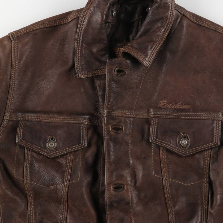 REDSKINS Padded Trucker Jacket, Leather Blouson Style, Men's Size L genuine leather brown type Vintage Second Hand