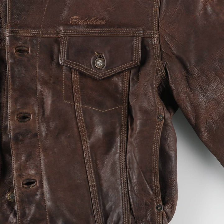 REDSKINS Padded Trucker Jacket, Leather Blouson Style, Men's Size L genuine leather brown type Vintage Second Hand