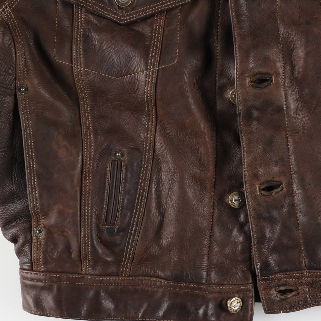 REDSKINS Padded Trucker Jacket, Leather Blouson Style, Men's Size L genuine leather brown type Vintage Second Hand