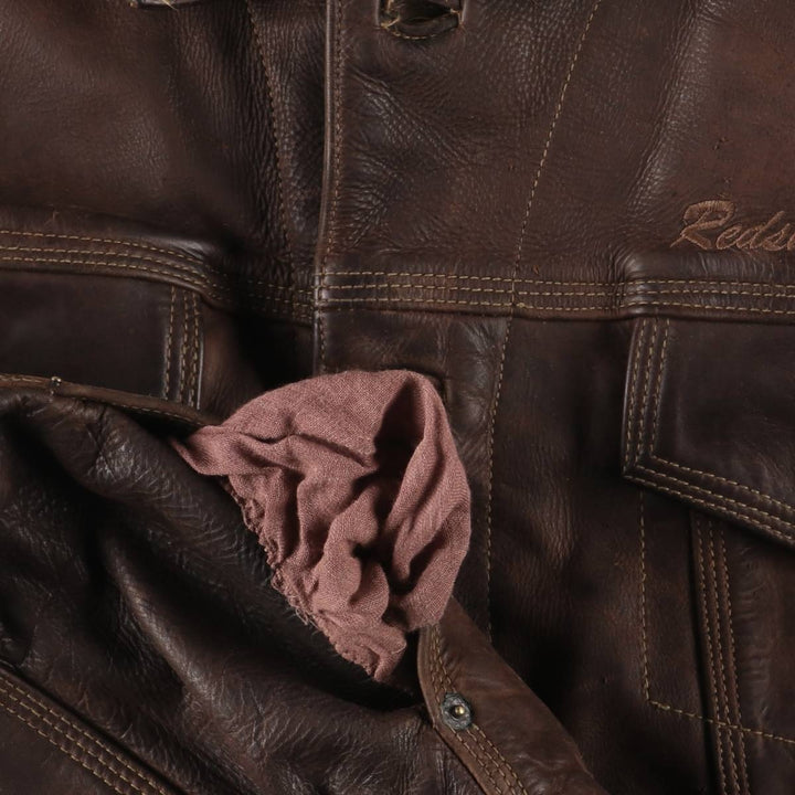 REDSKINS Padded Trucker Jacket, Leather Blouson Style, Men's Size L genuine leather brown type Vintage Second Hand