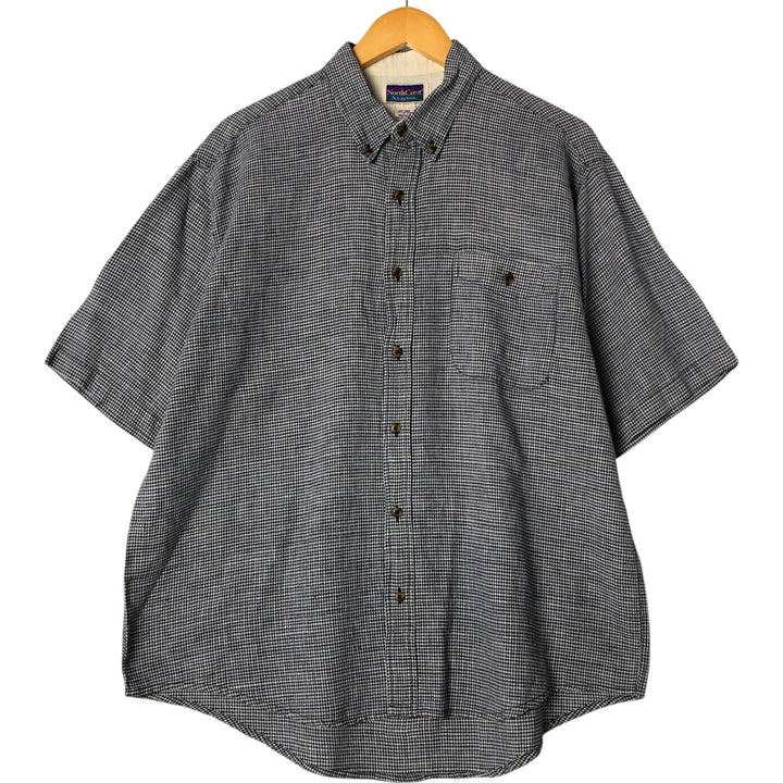North Crest Linen x Cotton Check Pattern Short Sleeve Linen Button Down Shirt Men's Size L linen navy blue type Vintage Second Hand