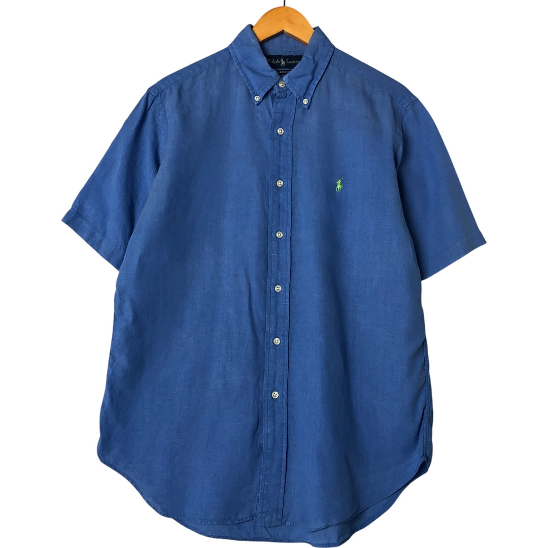 Ralph Lauren Classic Fit short sleeve linen button down shirt, men's size M linen blue type Vintage Second Hand