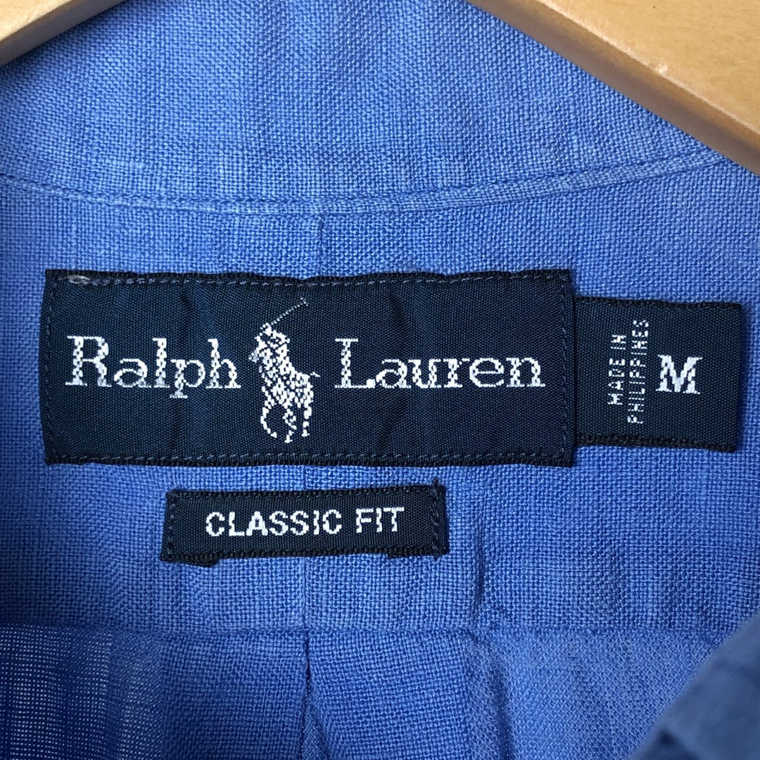 Ralph Lauren Classic Fit short sleeve linen button down shirt, men's size M linen blue type Vintage Second Hand