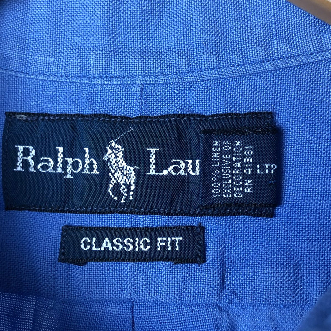 Ralph Lauren Classic Fit short sleeve linen button down shirt, men's size M linen blue type Vintage Second Hand