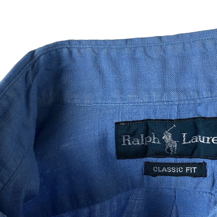 Ralph Lauren Classic Fit short sleeve linen button down shirt, men's size M linen blue type Vintage Second Hand