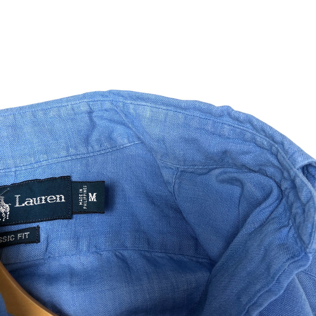 Ralph Lauren Classic Fit short sleeve linen button down shirt, men's size M linen blue type Vintage Second Hand