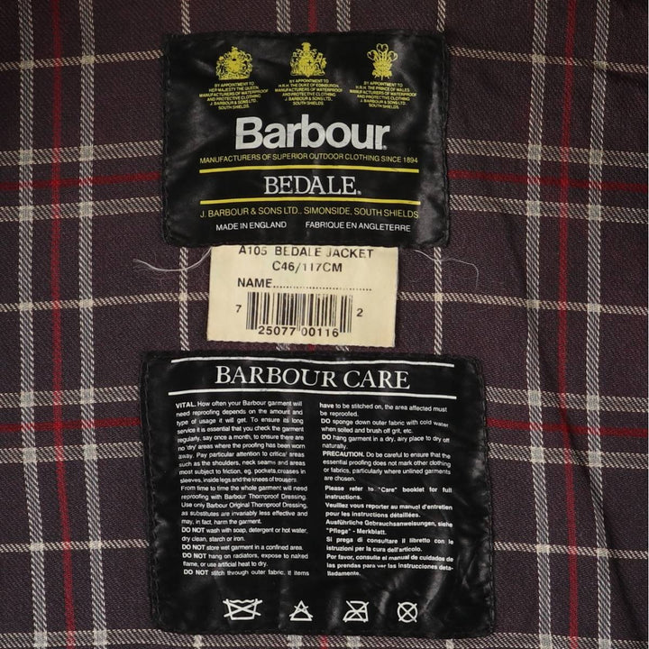 1990'S Barbour Bedale (formerly 3 Warrant) waxed cotton oiled jacket, Made in England, C46, Men's XL cotton navy blue type Vintage Second Hand