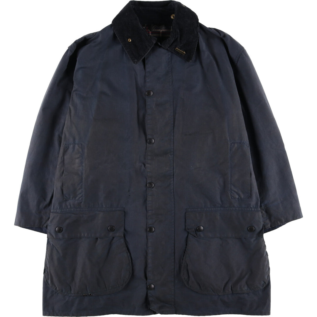 80s-90'S Barbour BORDER (formerly 3 Warrant) waxed cotton oiled jacket, Made in England, C44, Men's Size L cotton navy blue type Vintage Second Hand