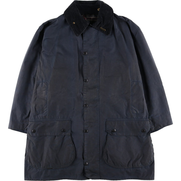 80s-90'S Barbour BORDER (formerly 3 Warrant) waxed cotton oiled jacket, Made in England, C44, Men's Size L cotton navy blue type Vintage Second Hand
