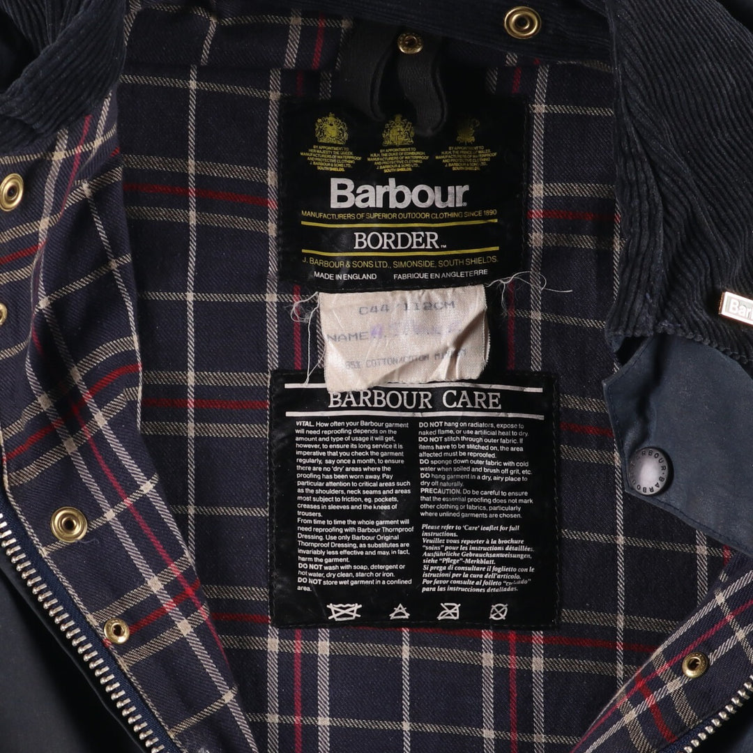 80s-90'S Barbour BORDER (formerly 3 Warrant) waxed cotton oiled jacket, Made in England, C44, Men's Size L cotton navy blue type Vintage Second Hand