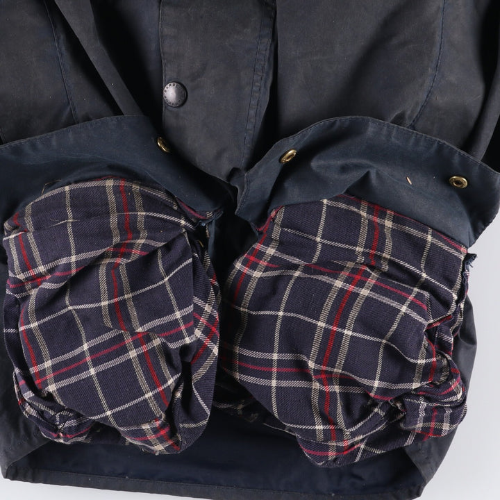 80s-90'S Barbour BORDER (formerly 3 Warrant) waxed cotton oiled jacket, Made in England, C44, Men's Size L cotton navy blue type Vintage Second Hand