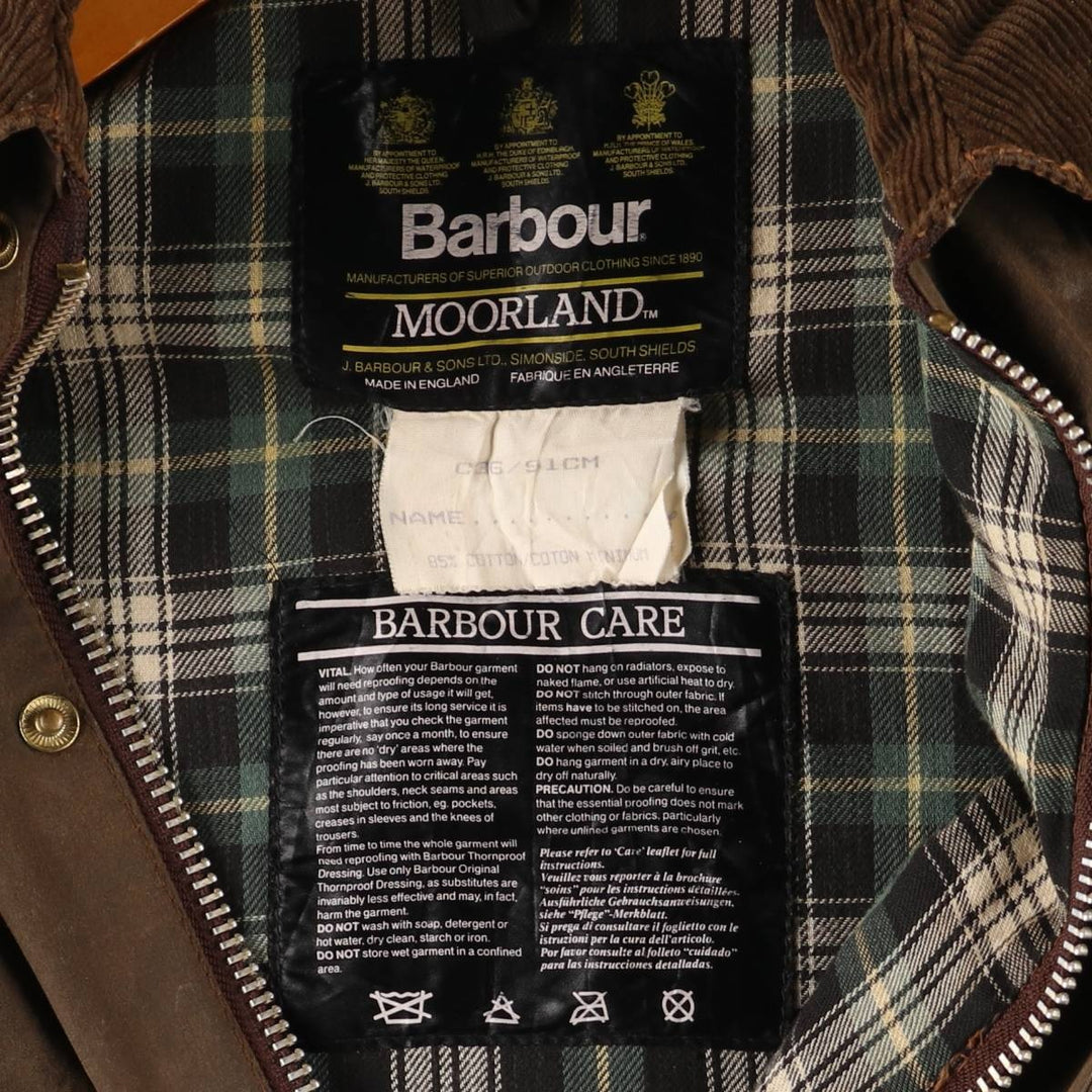 Vintage 1980s-1990'S Barbour Moorland 3-Warrant Oiled Hunting Jacket, Made in England, C36, Men's Size Small cotton brown type Vintage Second Hand