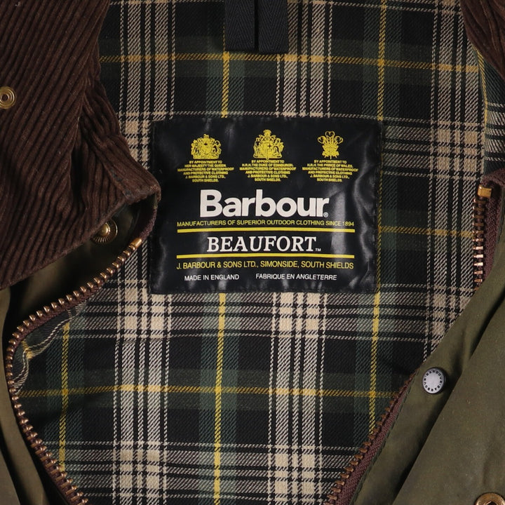 2000'S Barbour Beaufort 3 Warrant Oiled Hunting Jacket, Made in England, C44, Men's Size L cotton Khaki type Vintage Second Hand
