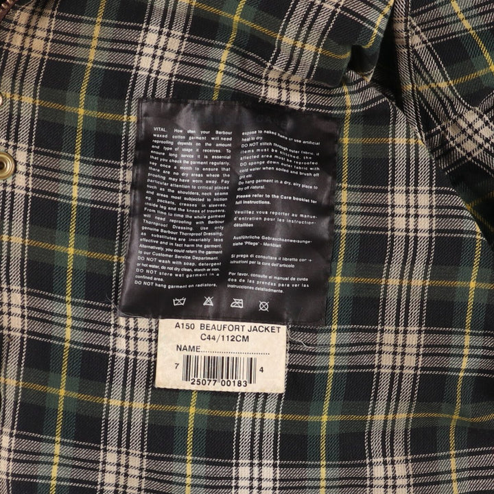 2000'S Barbour Beaufort 3 Warrant Oiled Hunting Jacket, Made in England, C44, Men's Size L cotton Khaki type Vintage Second Hand