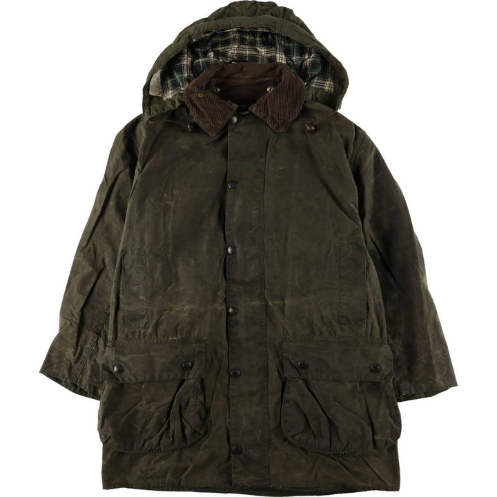 1990'S Barbour BORDER (old 3-warrant) hooded waxed cotton oiled jacket, made in the UK, C40, men's size M cotton Khaki type Vintage Second Hand