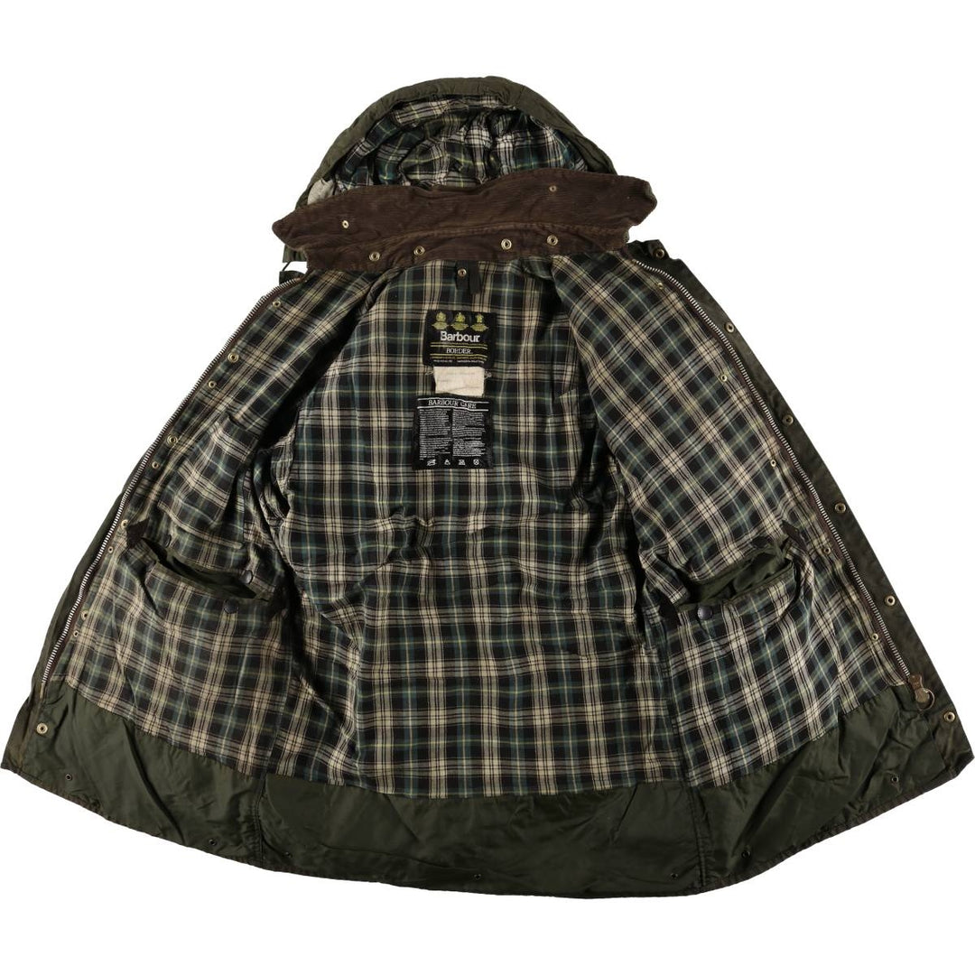 1990'S Barbour BORDER (old 3-warrant) hooded waxed cotton oiled jacket, made in the UK, C40, men's size M cotton Khaki type Vintage Second Hand
