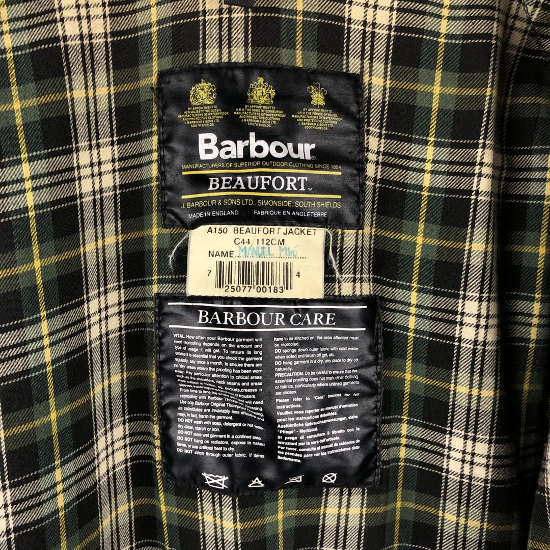 1990'S Barbour Beaufort 3 Warrant Oiled Hunting Jacket, Made in England, C44, Men's Size L cotton Khaki type Vintage Second Hand