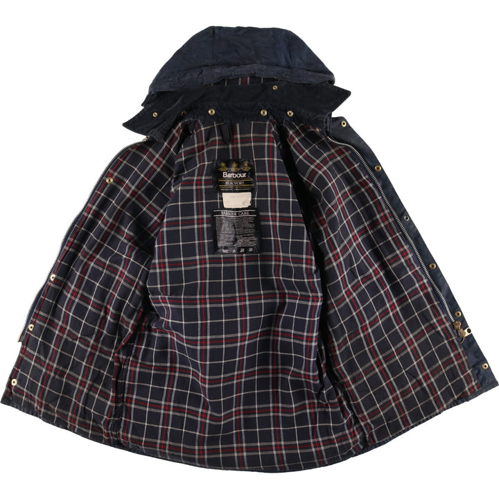 1990'S Barbour Beaufort 3 Warrant Hooded Oiled Hunting Jacket, Made in the UK, C38, Men's Size M cotton navy blue type Vintage Second Hand