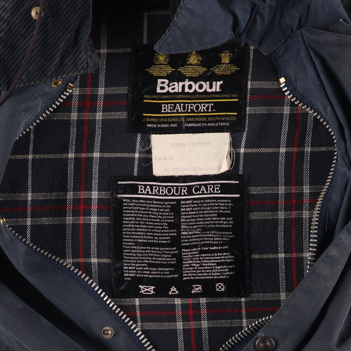 1990'S Barbour Beaufort 3 Warrant Hooded Oiled Hunting Jacket, Made in the UK, C38, Men's Size M cotton navy blue type Vintage Second Hand