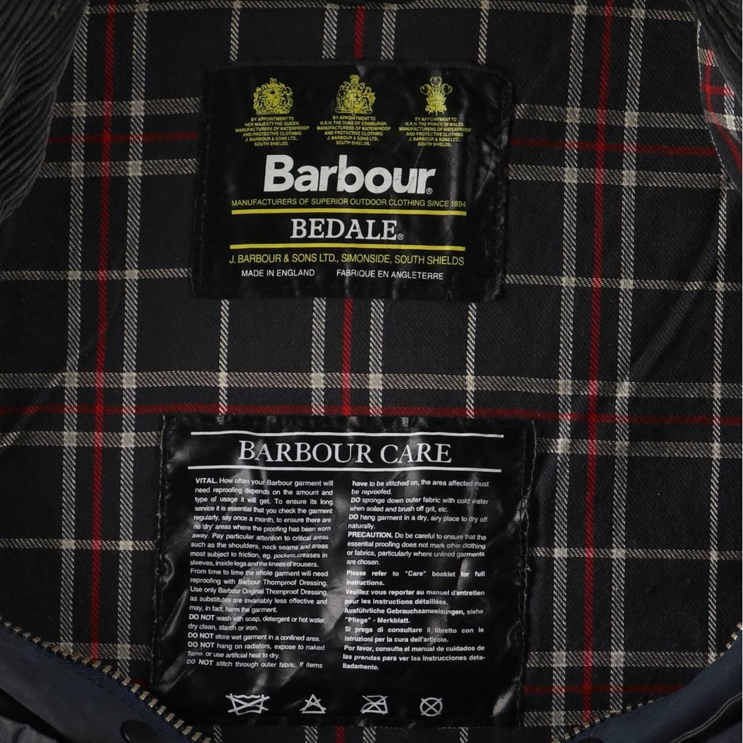 80s-90'S Barbour Bedale Waxed Cotton Oiled Jacket with Old 3 Warrant Badge, Made in England, Men's XL unclear navy blue type Vintage Second Hand
