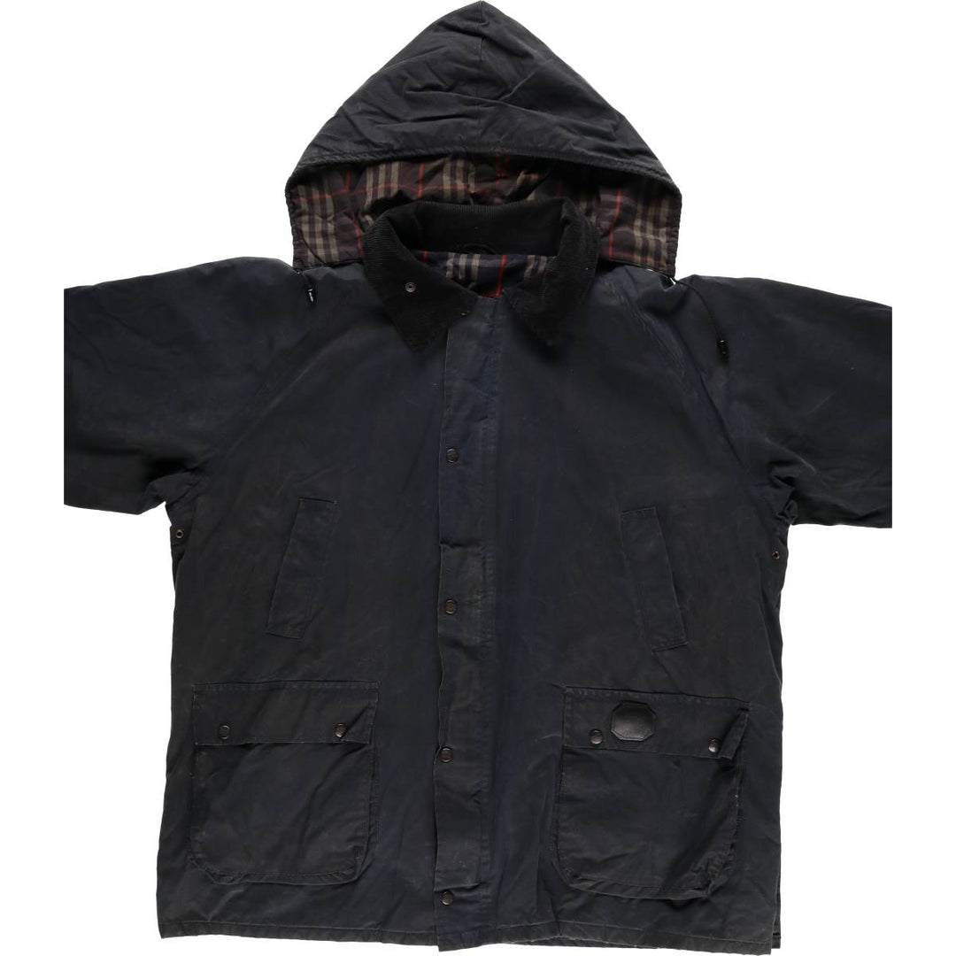 Burberry's padded hooded oiled hunting jacket, made in the UK, men's size XL Waxed cotton navy blue type Vintage Second Hand