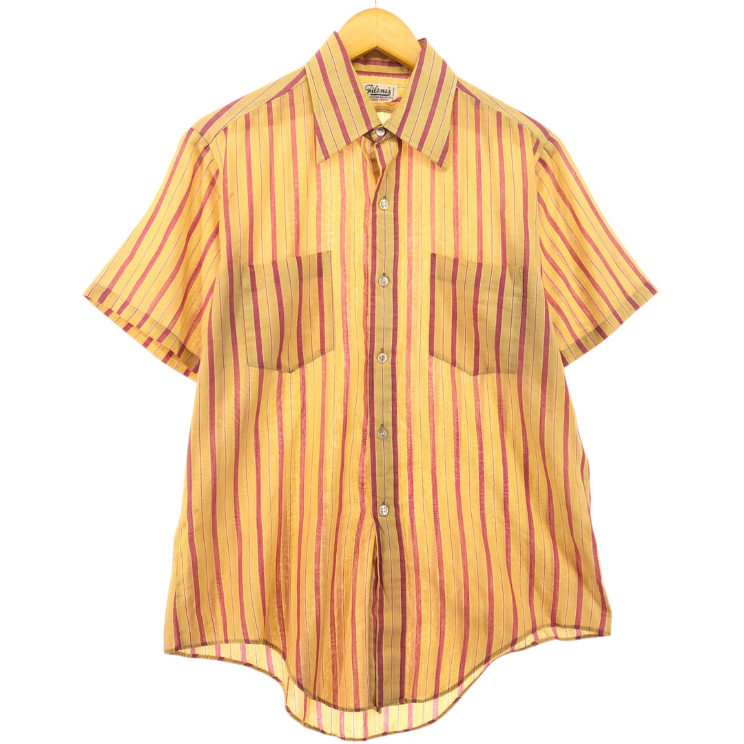 70'S FILENE'S Short Sleeve Striped Shirt, Men's M Size, Vintage polyester yellow type Vintage Second Hand