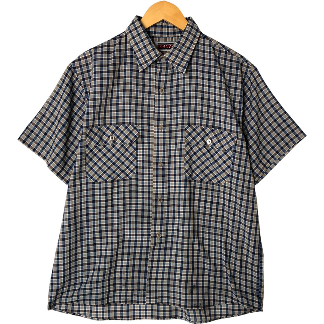 90'S JCPenney BIG MAC Check Pattern Short Sleeve Work Shirt Made in USA Men's L polyester navy blue type Vintage Second Hand