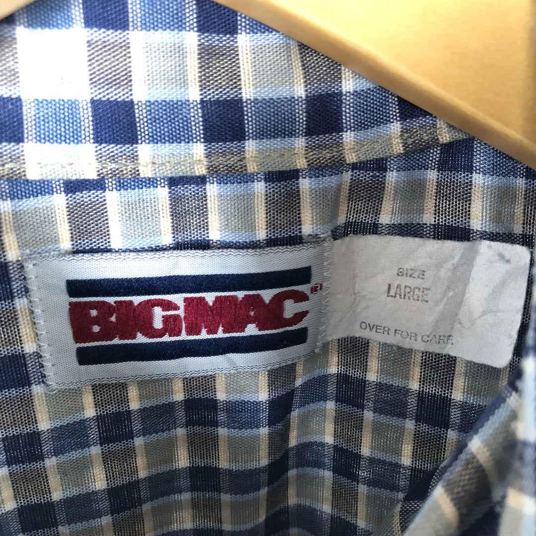 90'S JCPenney BIG MAC Check Pattern Short Sleeve Work Shirt Made in USA Men's L polyester navy blue type Vintage Second Hand