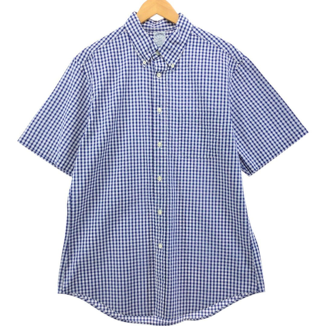 Brooks Brothers 1818 REGENT Gingham Check Seersucker Short Sleeve Button-Down Check Shirt Men's Size L cotton blue type Vintage Second Hand