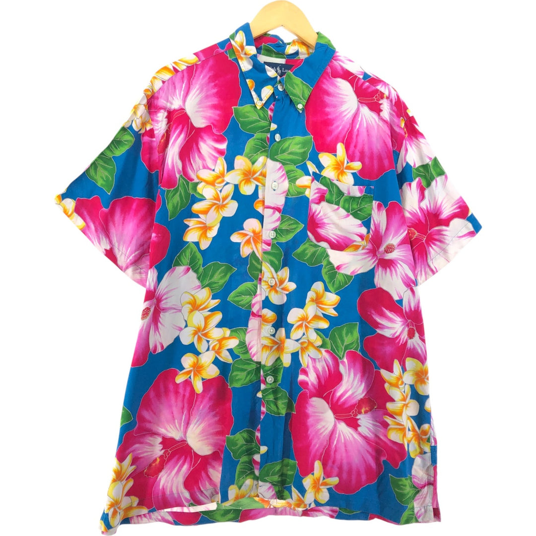 Ralph Lauren Hibiscus Pattern Button-down Hawaiian Aloha Shirt, Men's XL Viscose turquoise blue Vintage Second Hand
