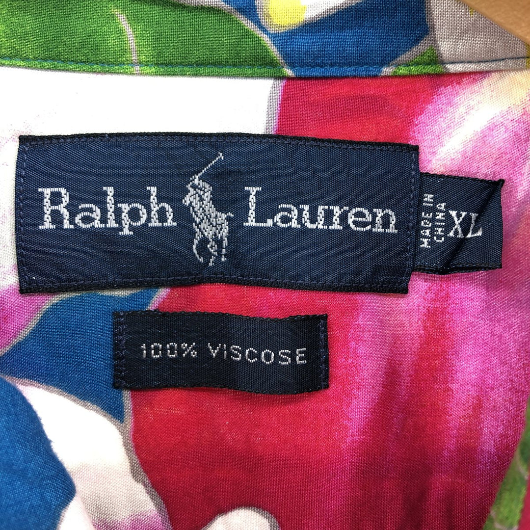 Ralph Lauren Hibiscus Pattern Button-down Hawaiian Aloha Shirt, Men's XL Viscose turquoise blue Vintage Second Hand