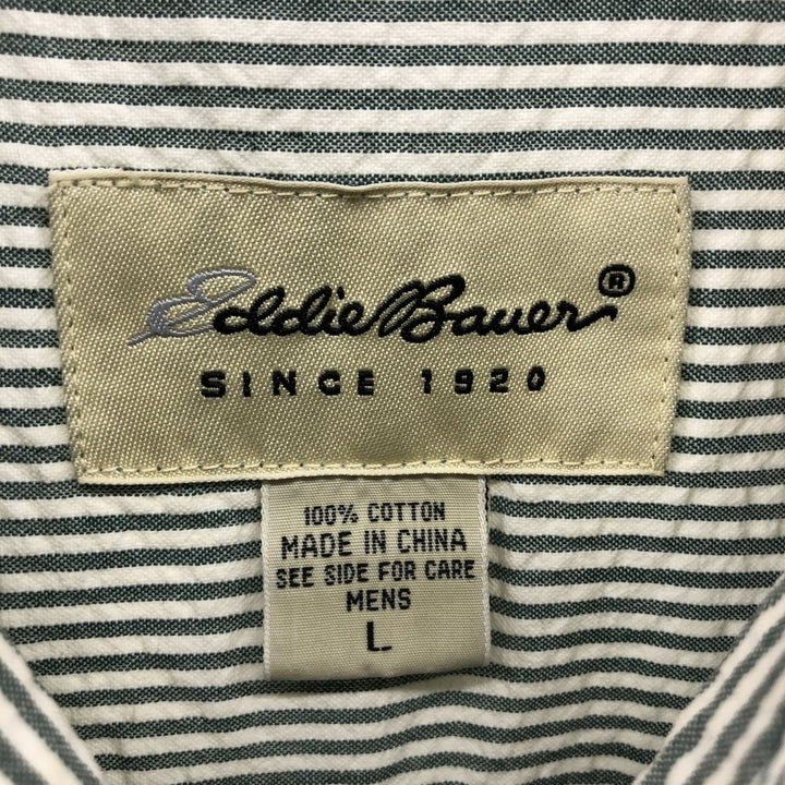 Eddie Bauer Seersucker Short Sleeve Button-Down Striped Shirt, Men's Size L cotton gray type Vintage Second Hand